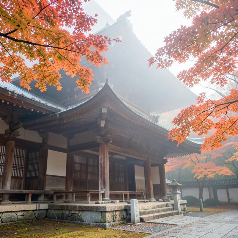 A historic temple building in autumn